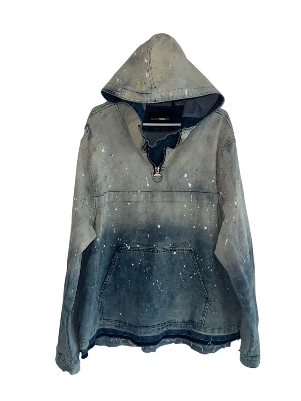 Fashion Nova Mens Distressed Paint Splatter Denim Hoodie Sz L Rap Grunge Hip Hop